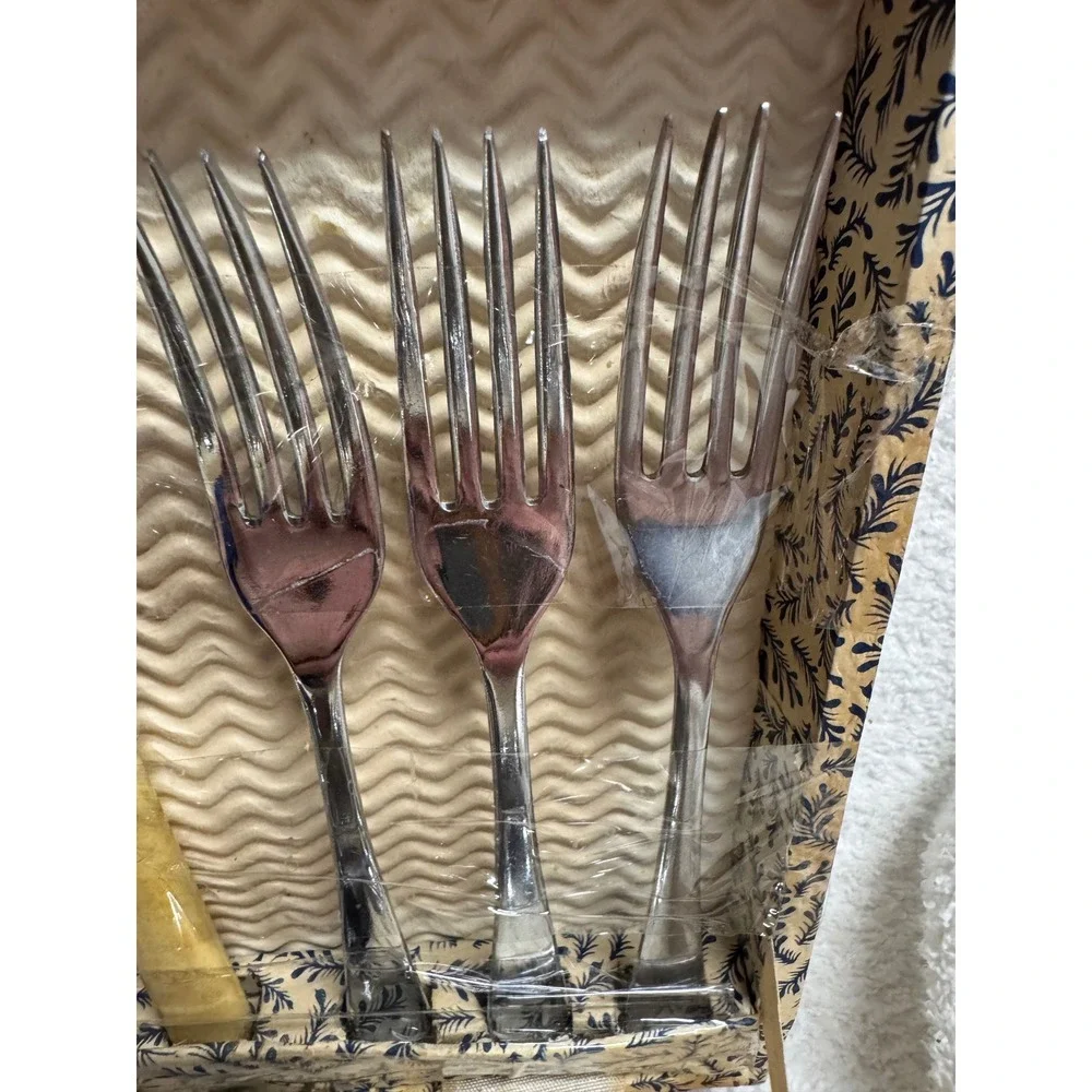 Vintage Mixed Flatware Set 22pc Stainless Steel England Knives Faux Bone Boxed